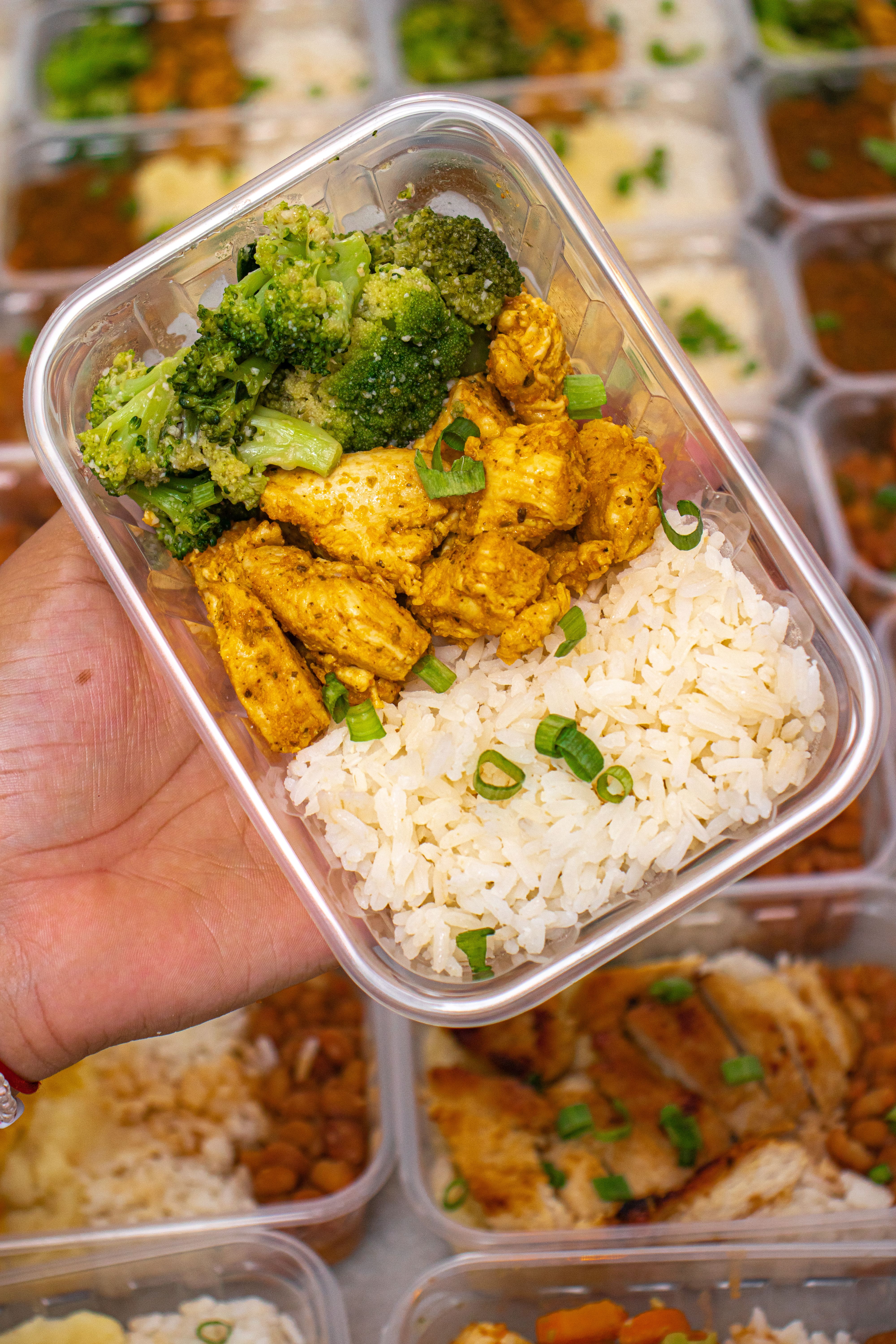 Chicken, rice, and broccoli meal prep container