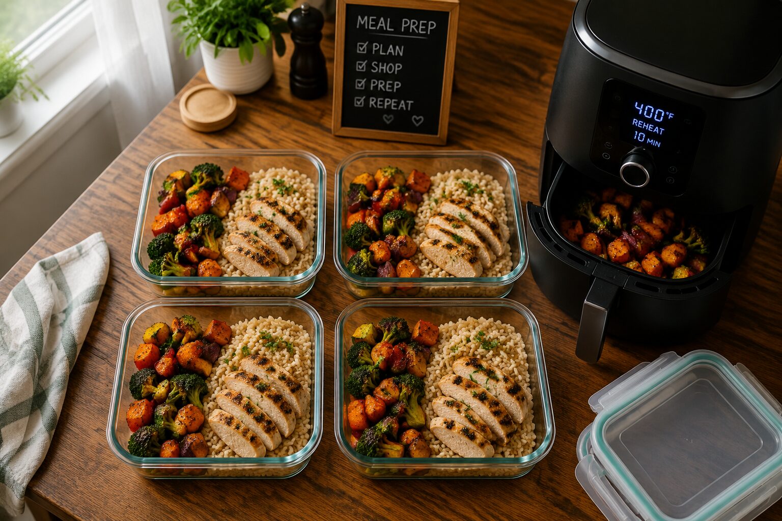 7 Best Air Fryer Vegetables for Meal Prep That Reheat Well 4 Bird's-eye view of a weekly meal prep spread showing four portioned glass containers with reheated air fryer vegetables
