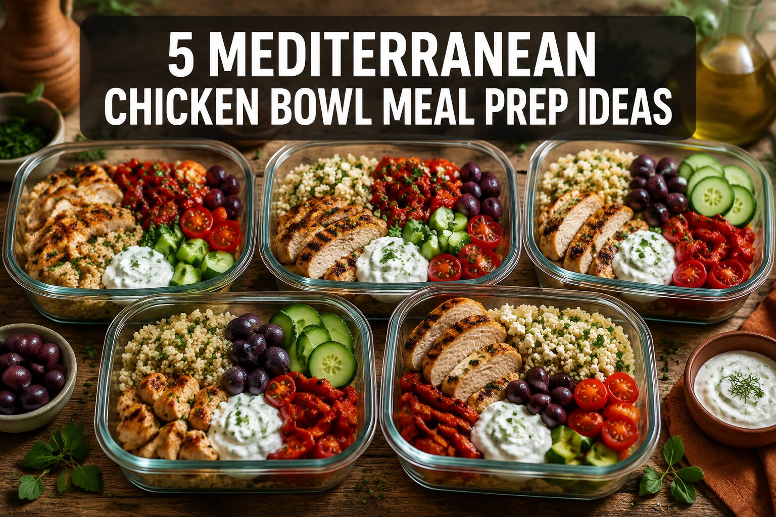 5 Mediterranean Chicken Bowl Meal Prep Ideas for the Week 2 Mediterranean chicken bowls with grains and vegetables in meal prep containers