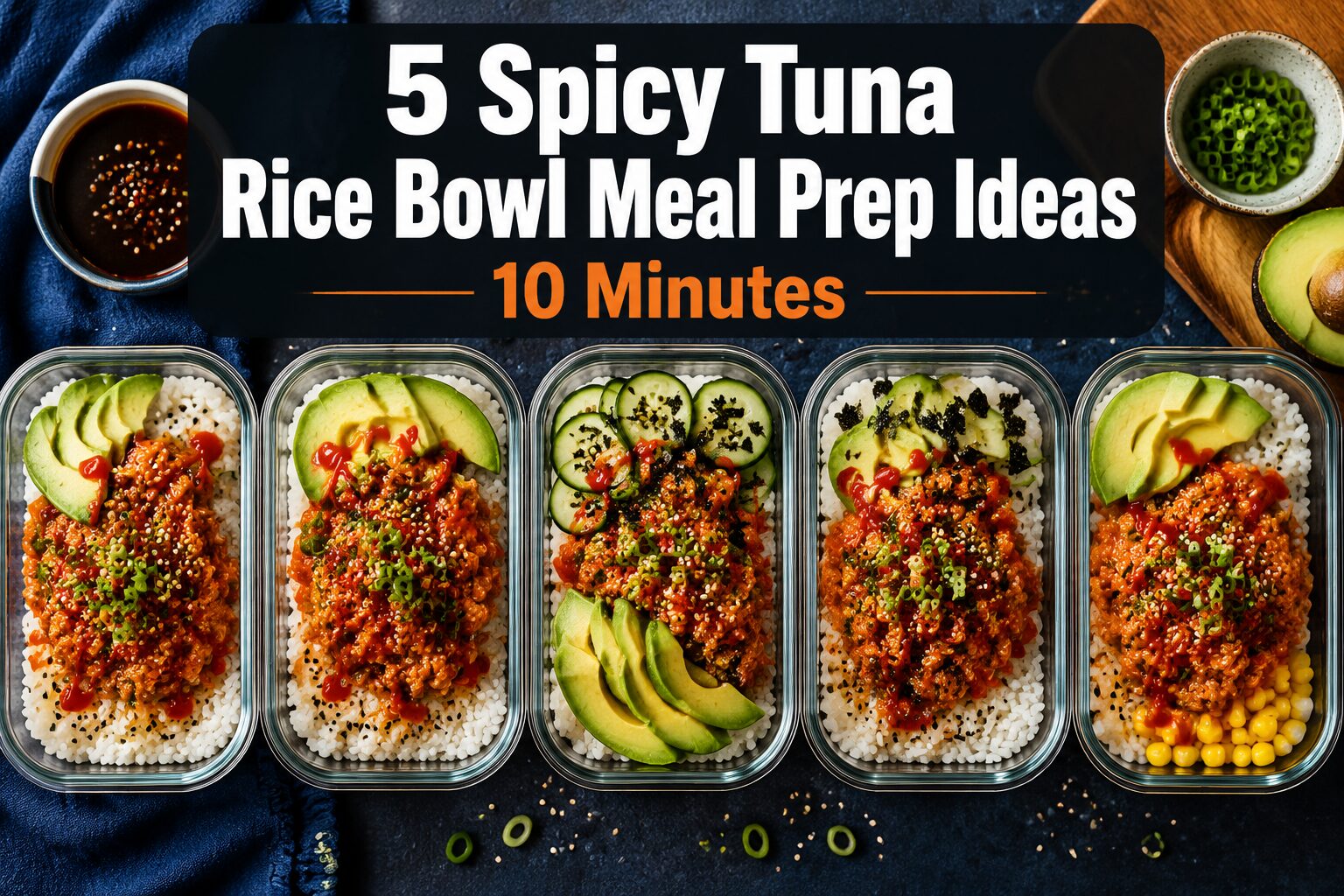 Spicy tuna rice bowls with sriracha mayo in meal prep containers