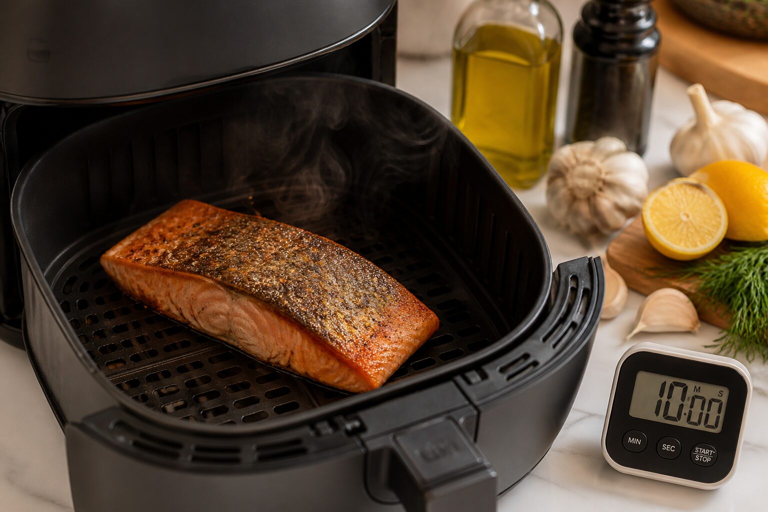 Close-up () action shot of a single salmon fillet inside an open air fryer basket, skin crisping and browning under heat,