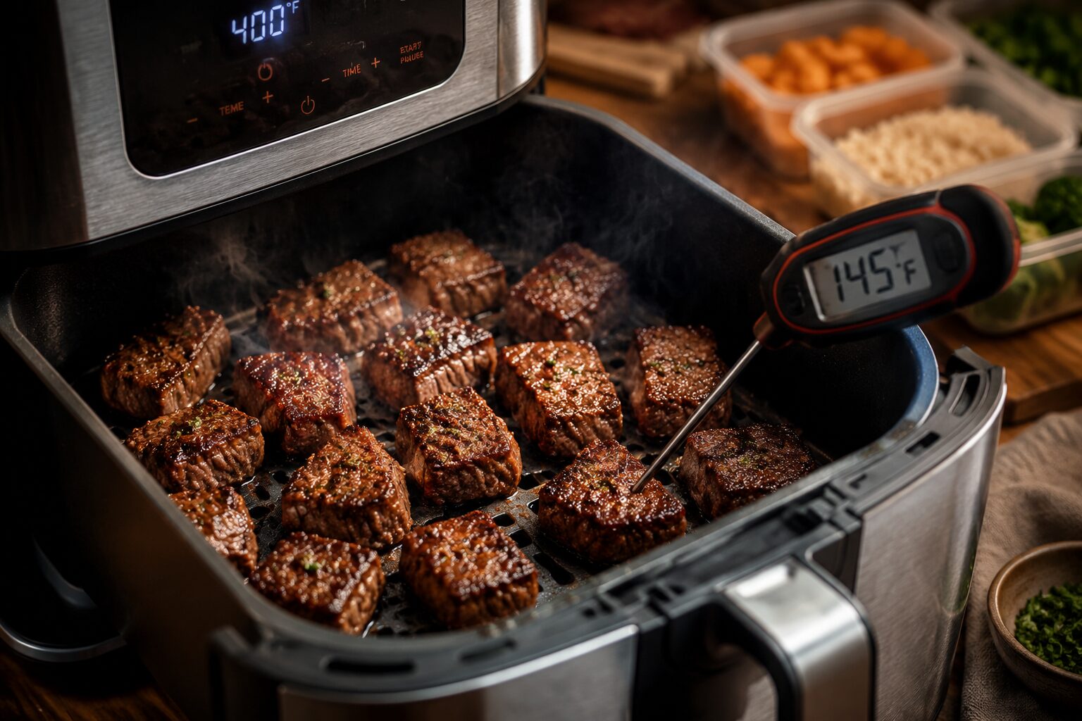 5 Easy Air Fryer Steak Bites for High-Protein Meal Prep (Ready in 8 Minutes) 3 Close-up action shot () of a stainless steel air fryer basket mid-cook with sizzling steak bites at 400°F, visible browning