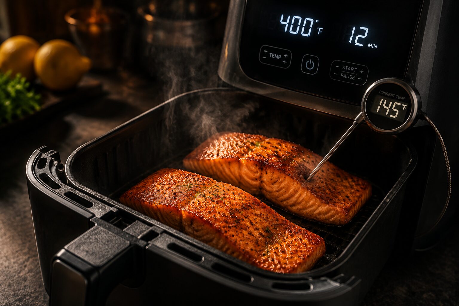 Close-up action shot () of an open air fryer basket at a 45-degree angle showing two salmon fillets mid-cook with visible