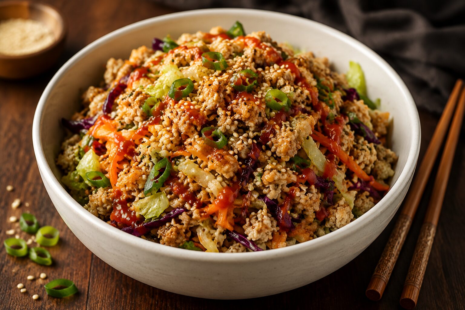 Close-up food photography landscape () showing a single white ceramic bowl of egg roll in a bowl with ground turkey,