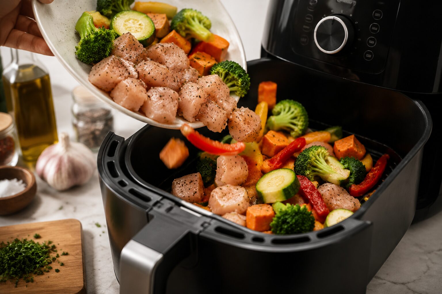 Close-up landscape action shot from a 45-degree angle showing raw chicken breast pieces and chopped vegetables being seasoned