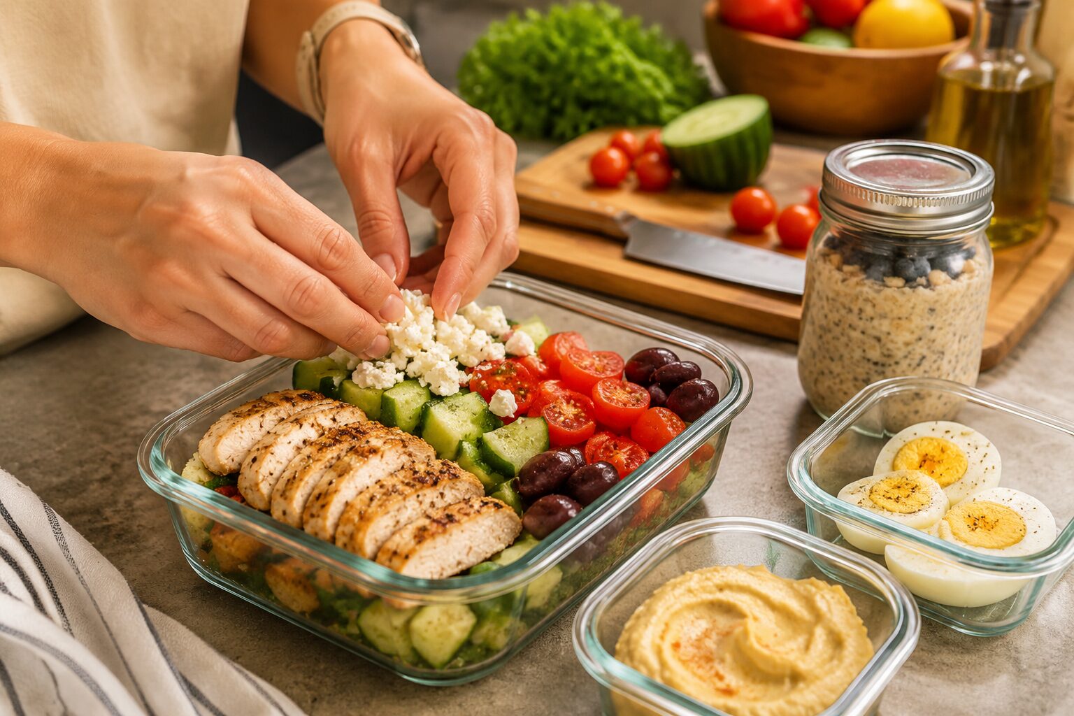 Close-up landscape () shot from a 45-degree angle showing hands packing a high-protein cold lunch into a glass meal prep