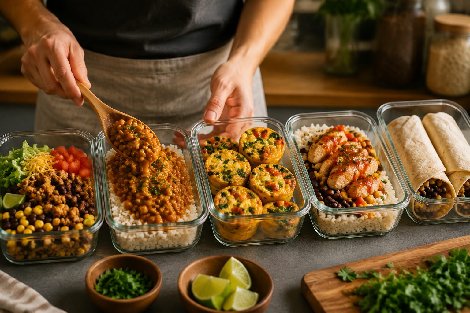 Close-up of a meal prep assembly line on a kitchen counter showing five glass meal prep containers being filled with budget-friendly high-protein food