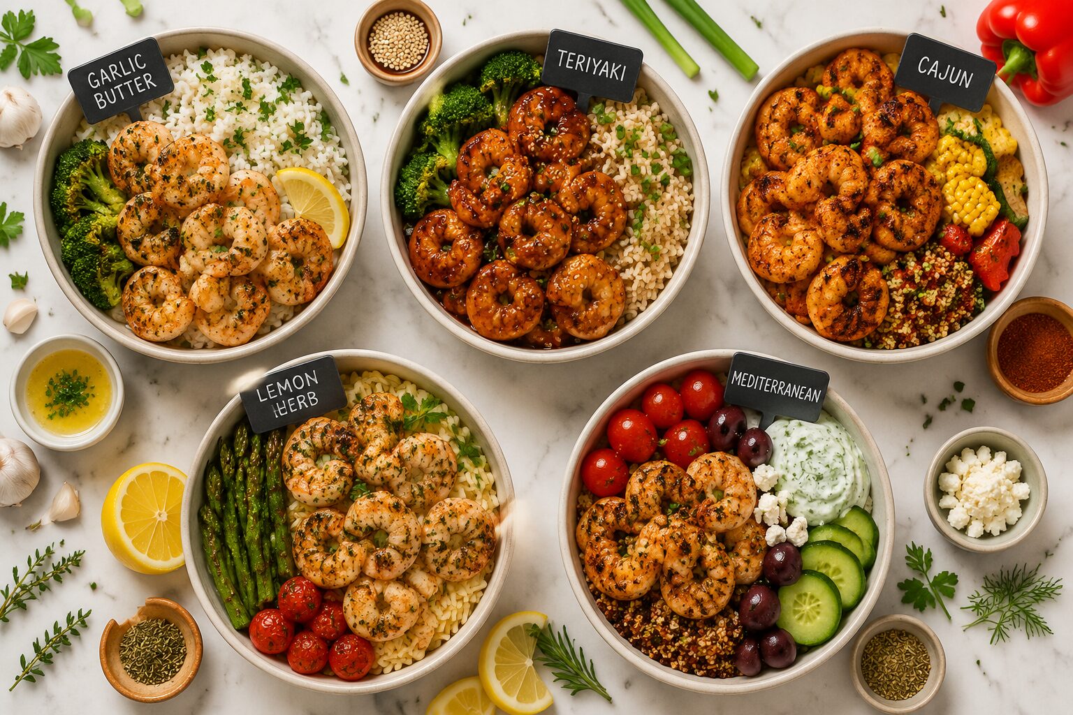 Close-up overhead flat-lay of five distinct air fryer shrimp meal prep bowls on a white marble surface, each bowl labeled