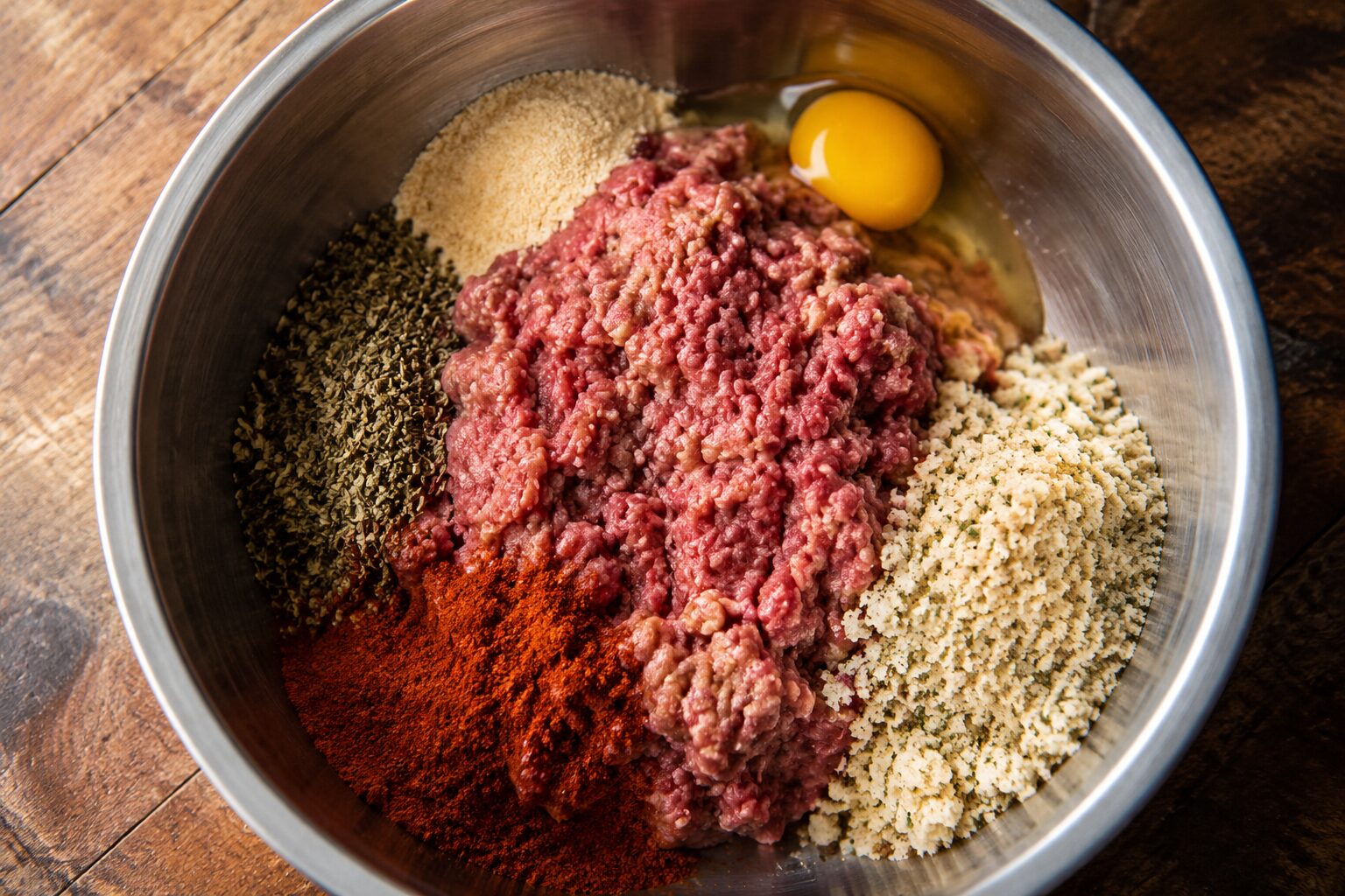 Close-up overhead flat-lay of raw ground beef meatball mixture in a large stainless steel mixing bowl with seasonings —