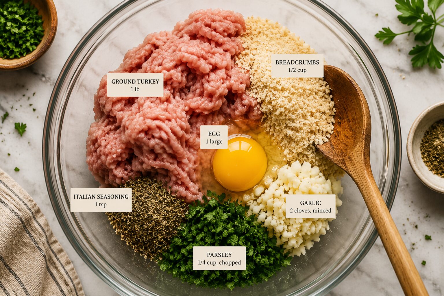 Close-up overhead flat-lay of raw turkey meatball mixture in a large glass mixing bowl with ground turkey, breadcrumbs, egg,