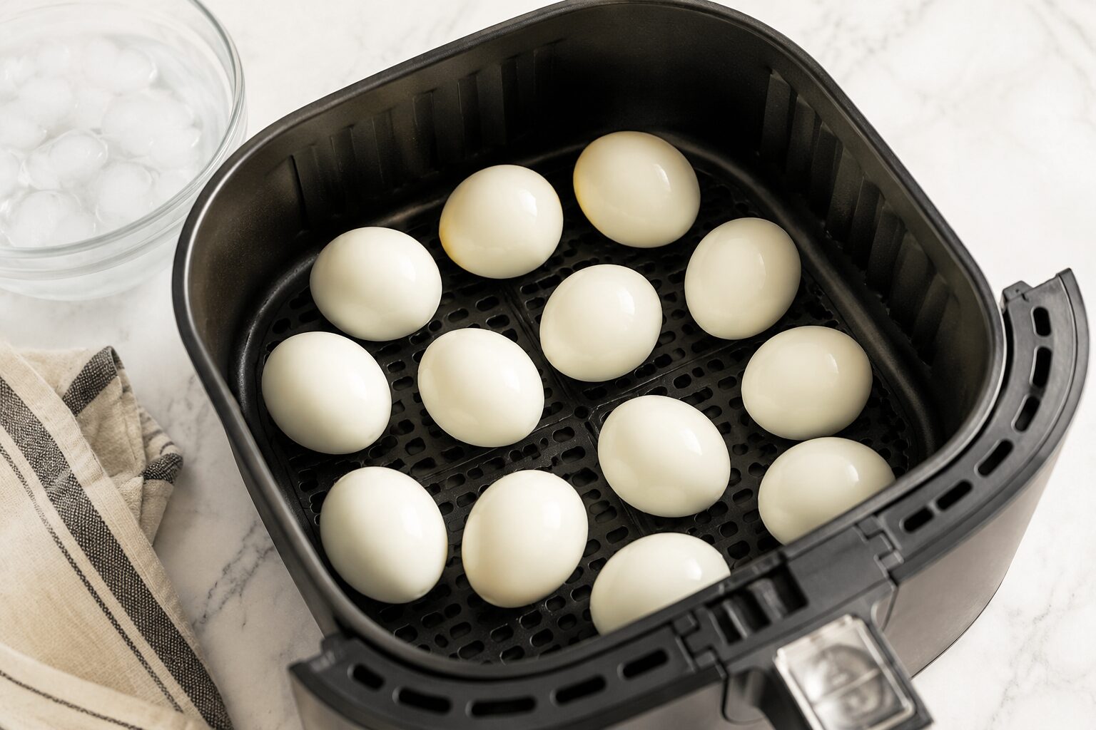 12 Perfect Air Fryer Hard Boiled Eggs for Weekly Meal Prep 2 Close-up overhead shot of 12 hard boiled eggs being placed into a black basket-style air fryer, eggs arranged in a single