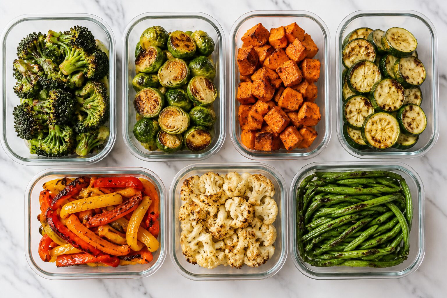 7 Best Air Fryer Vegetables for Meal Prep That Reheat Well 2 Close-up overhead shot of seven distinct air fryer vegetable varieties arranged in separate glass meal prep containers on a