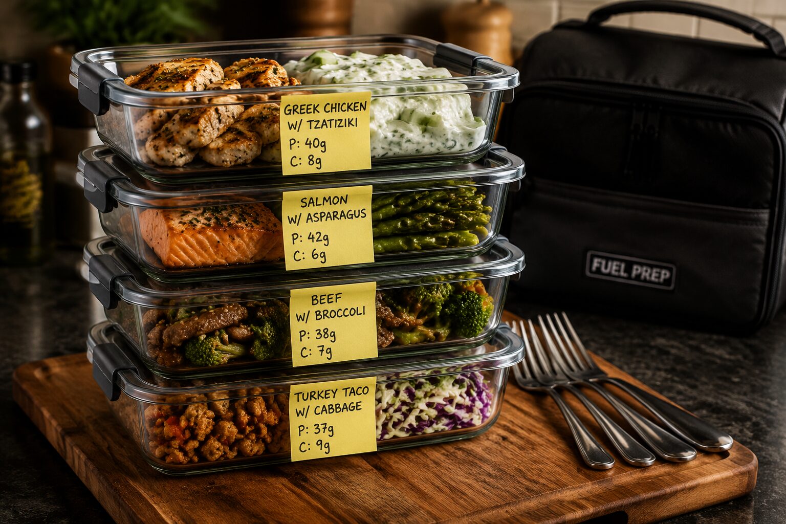Close-up perspective at 45-degree angle showing 4 finished high-protein low-carb meal prep bowls stacked and ready for