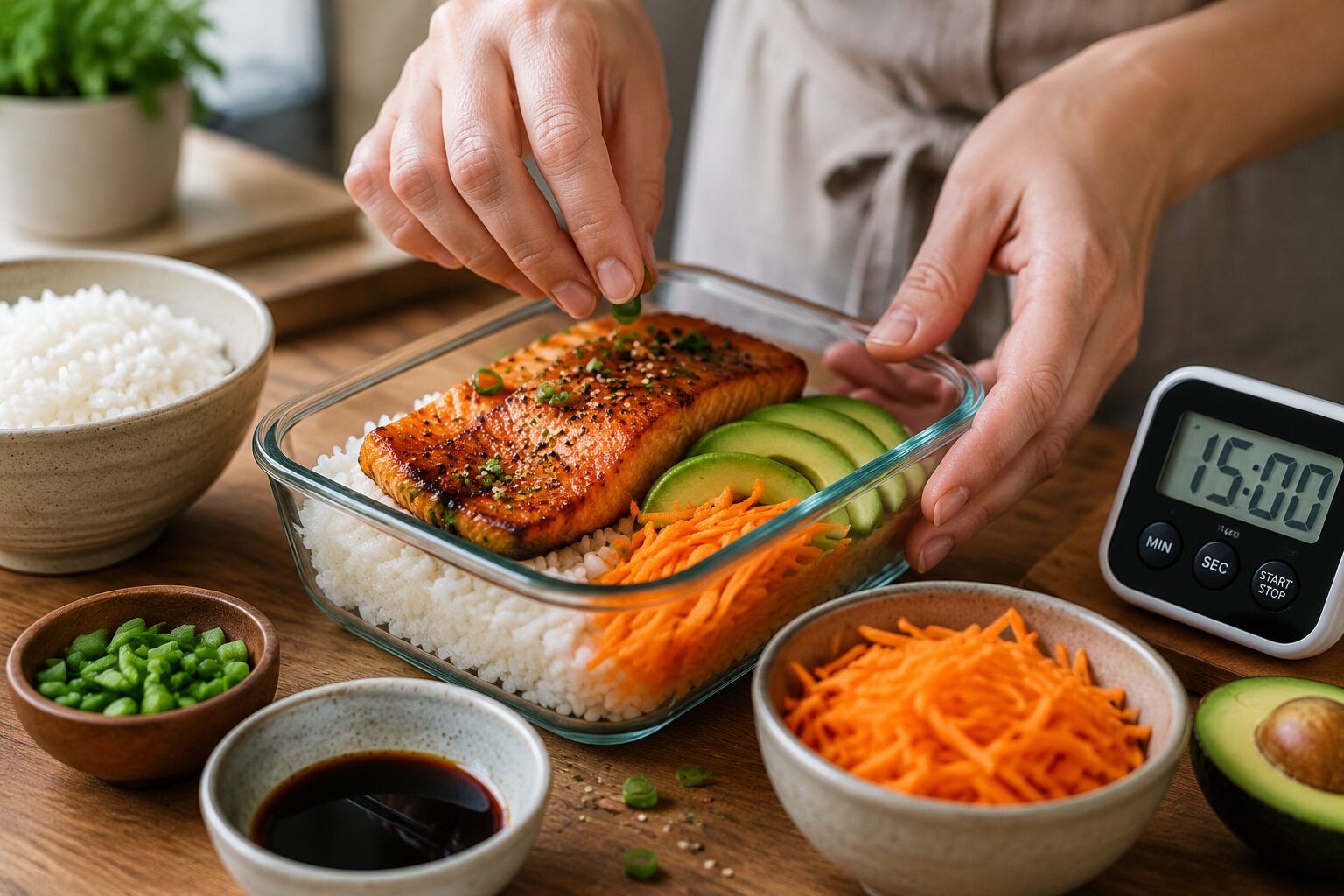 Close-up () showing a home cook's hands assembling a salmon rice bowl in a glass meal prep container on a wooden kitchen