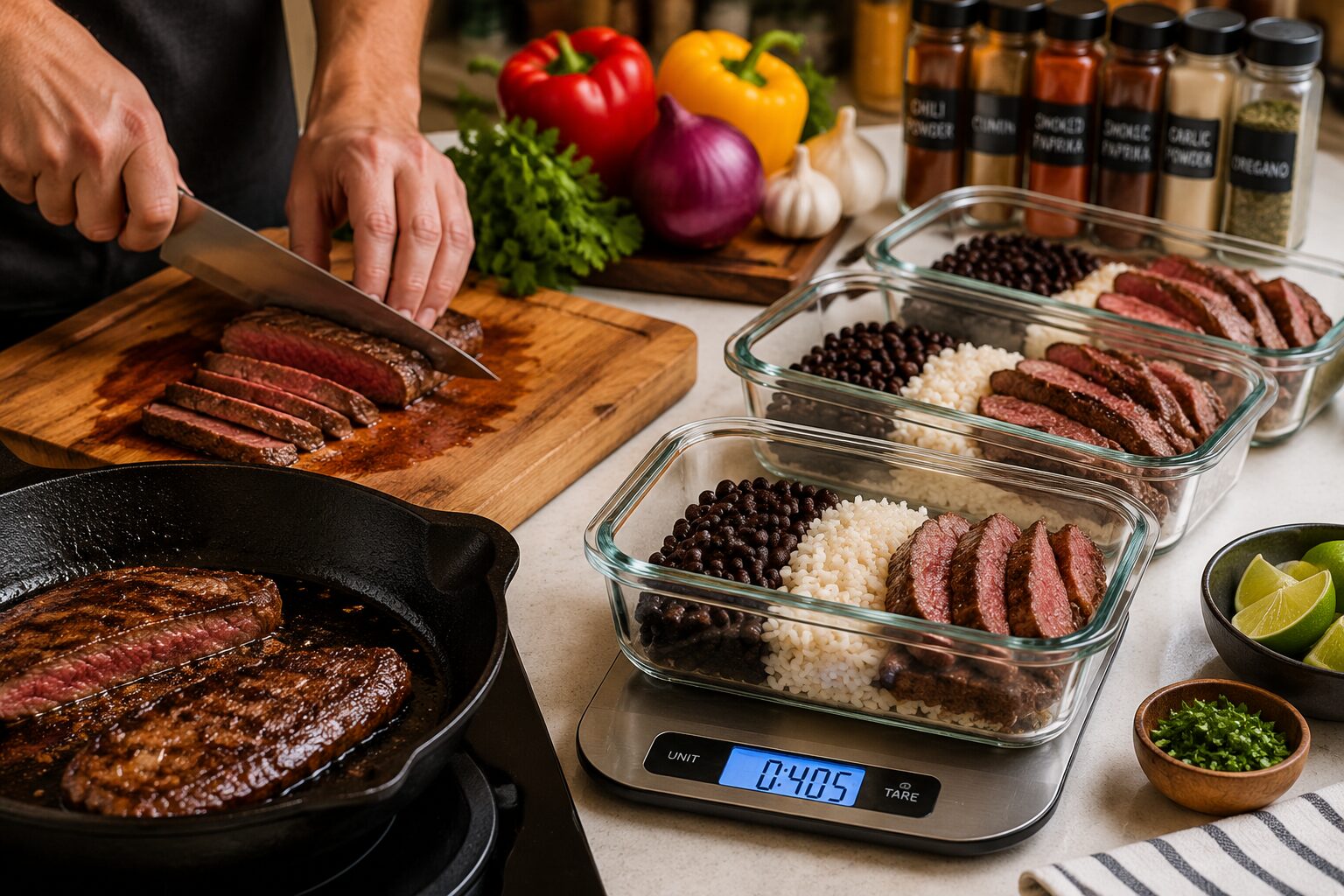 Close-up () showing a meal prep workflow scene on a white kitchen counter: raw flank steak being sliced against the grain on