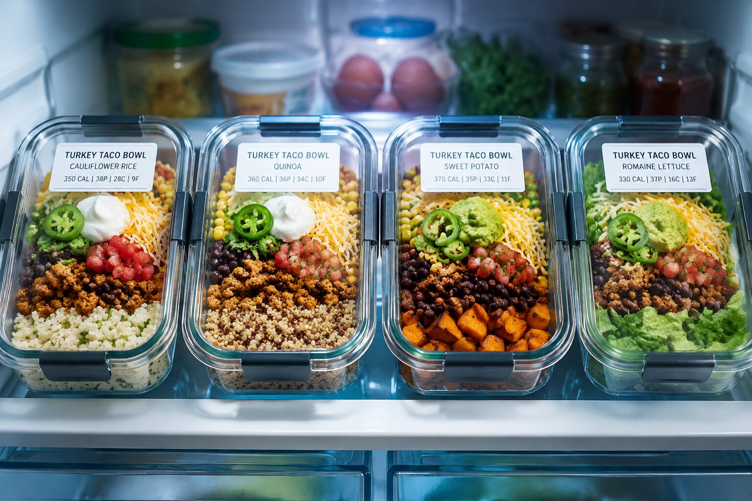 Close-up () showing four assembled turkey taco meal prep bowls side by side in glass containers with snap-lock lids, each