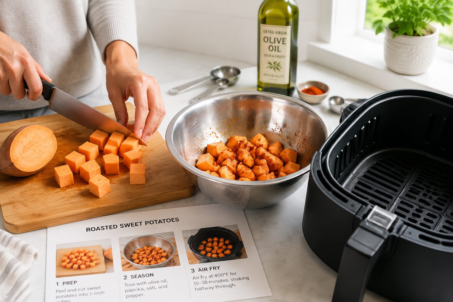 7 Air Fryer Sweet Potato Cubes Meal Prep Ideas Ready in 15 Minutes 3 Close-up () step-by-step process shot showing hands cutting sweet potatoes into uniform 1-inch cubes on a wooden cutting