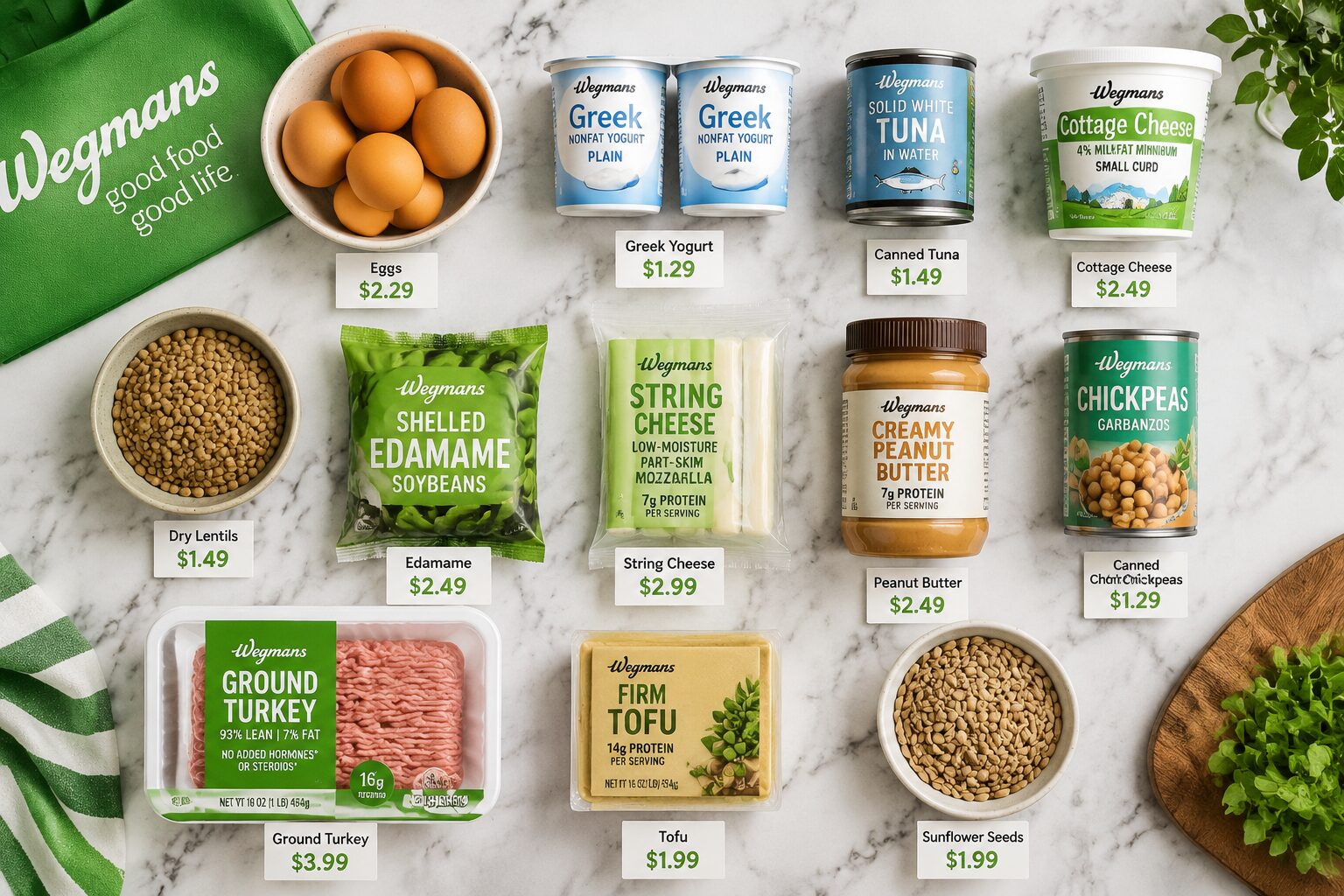 12 Best High-Protein Foods at Wegmans (Under $5 Each) 2 Detailed () flat-lay food photography showing 12 affordable high-protein grocery items on a clean white marble surface: