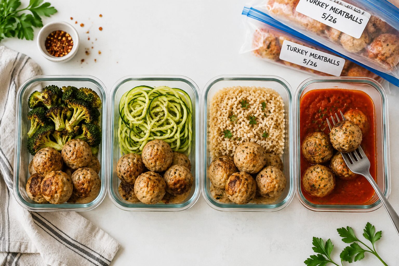 Flat-lay overhead composition of four glass meal prep containers lined up on a white surface, each filled with air fryer