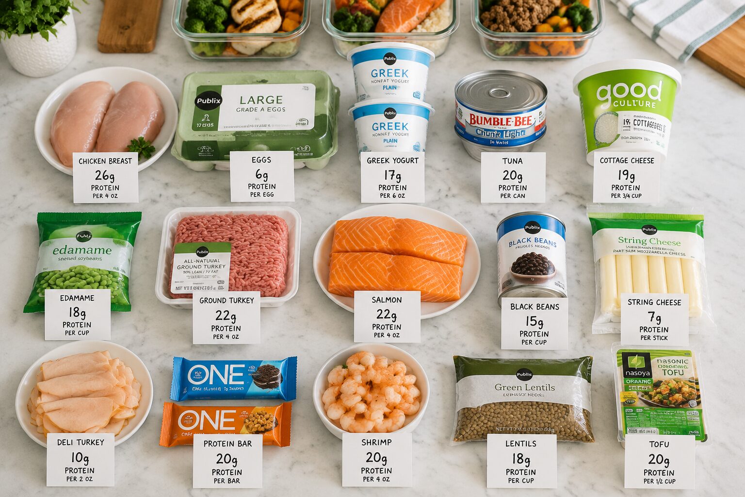 Flat lay overhead shot of 15 high-protein foods from Publix arranged on a white marble kitchen counter: raw chicken breasts,