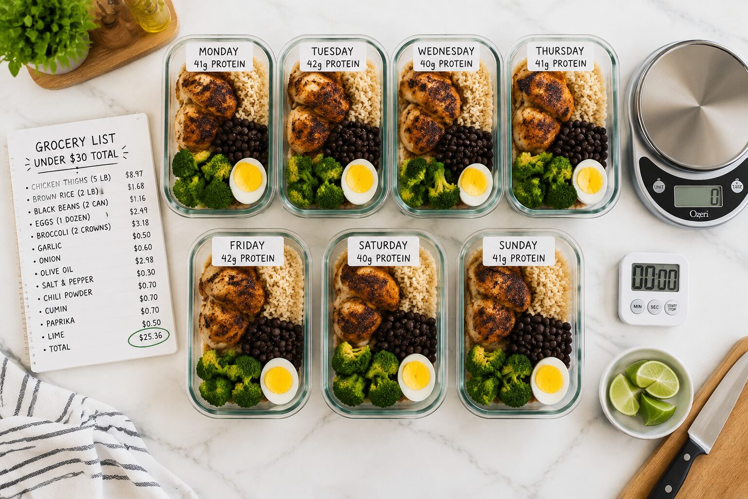 Flat-lay overhead shot () of a weekly budget meal prep spread on a white kitchen counter: 7 labeled meal prep containers