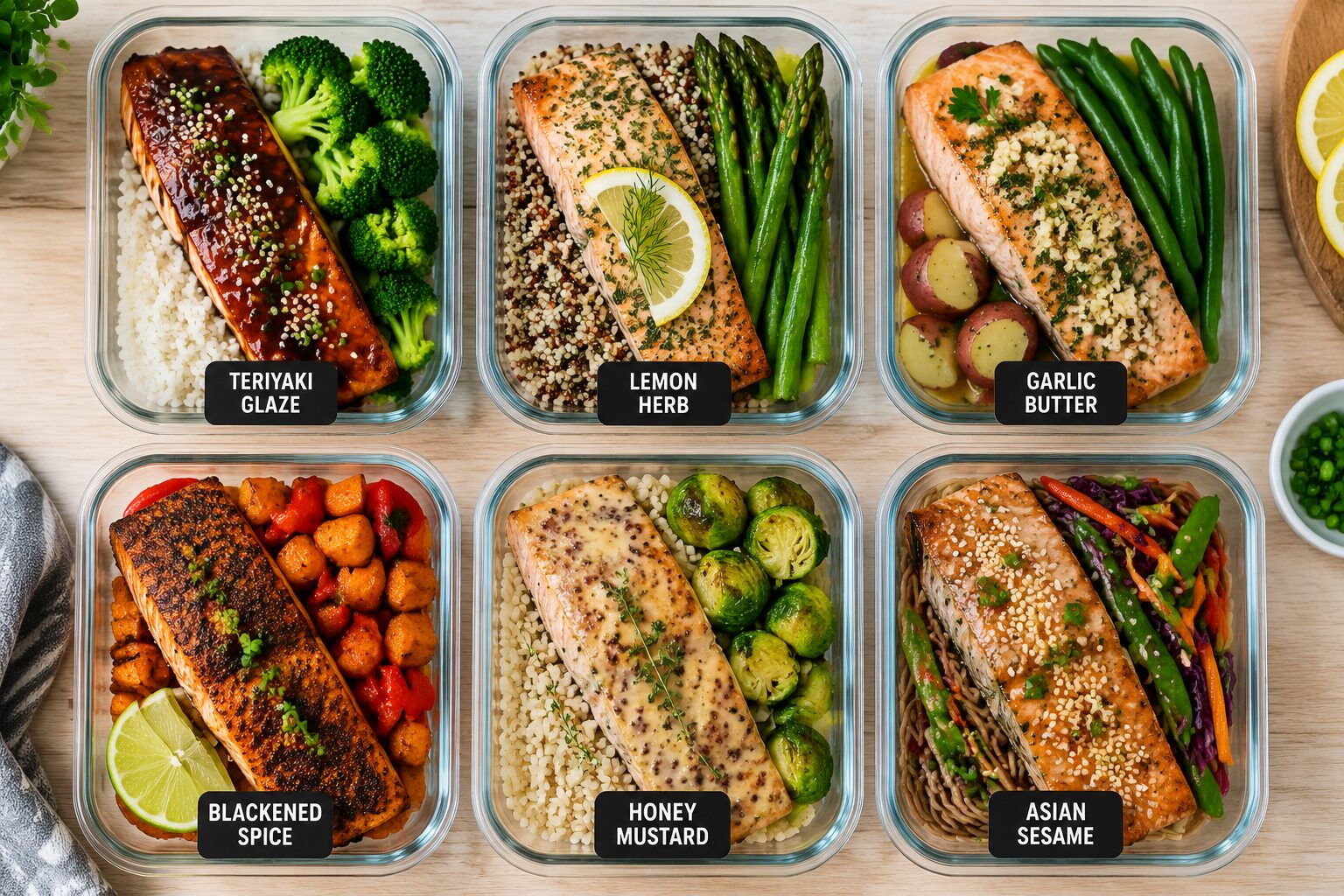 Flat-lay overhead shot () of six distinct meal prep containers arranged in a 2x3 grid on a light wood surface, each