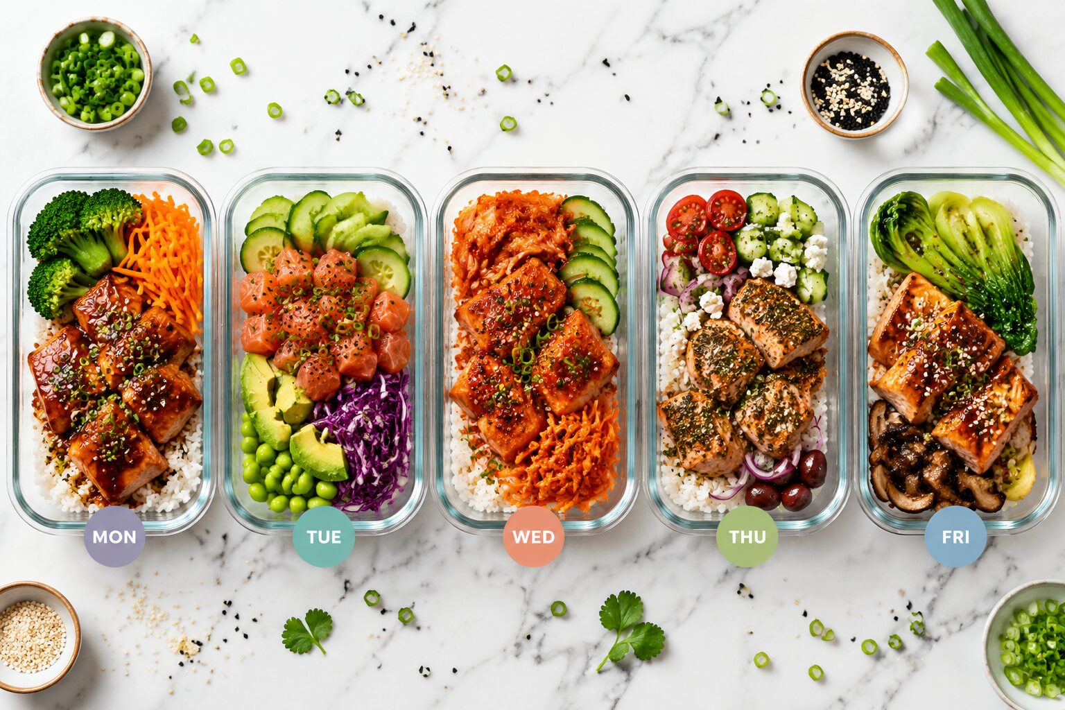Flat lay () showing five distinct salmon rice bowl meal prep containers open side by side on a white marble countertop, each