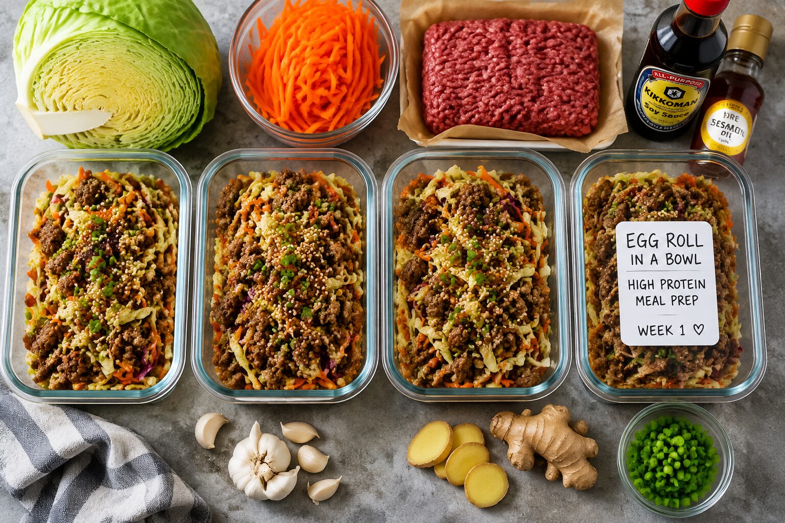 Flat lay () showing four glass meal prep containers lined up on a gray concrete surface, each filled with egg roll in a bowl