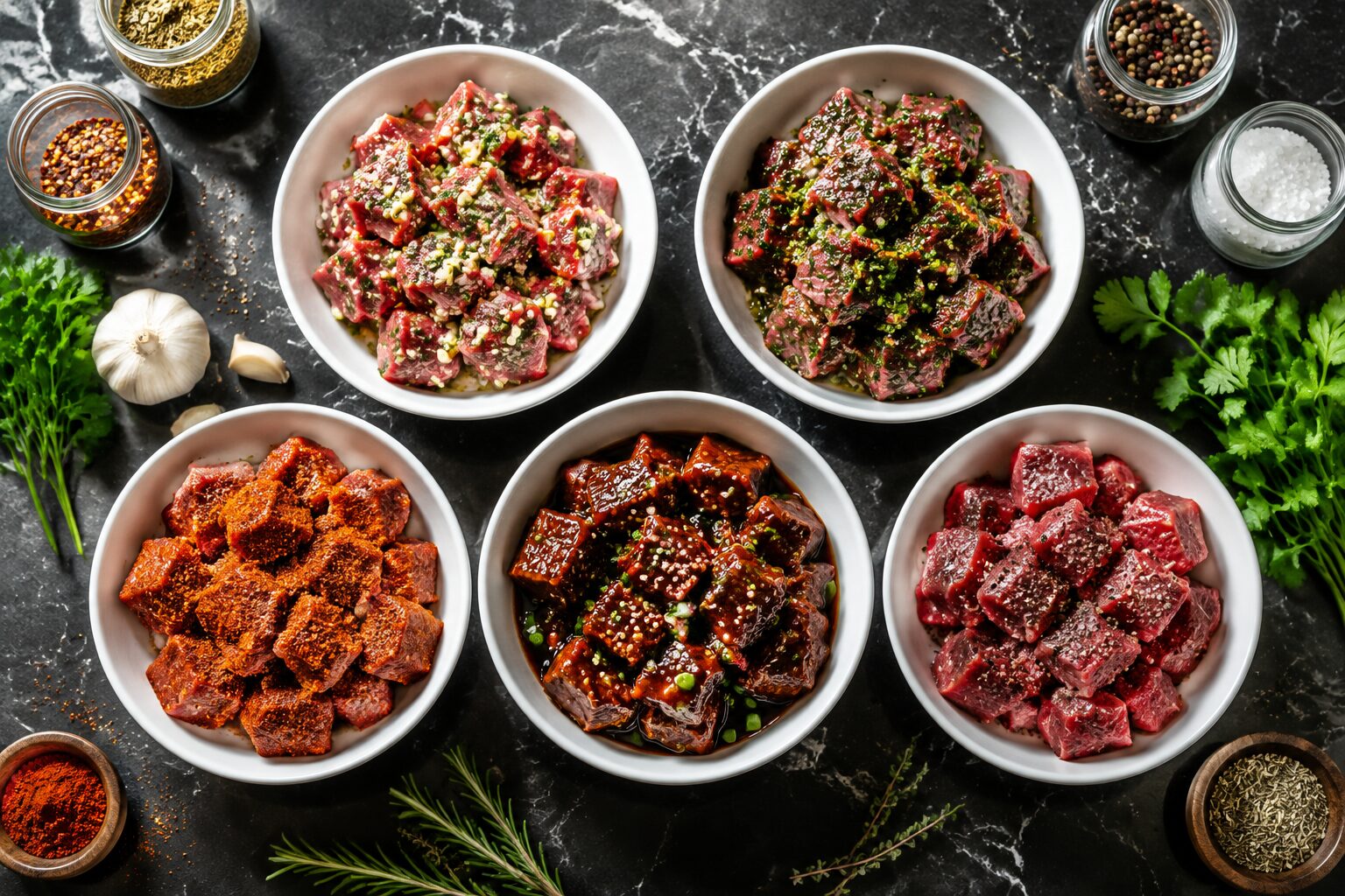 5 Easy Air Fryer Steak Bites for High-Protein Meal Prep (Ready in 8 Minutes) 2 Overhead flat-lay editorial photo () showing five small white prep bowls each containing a different seasoned raw steak bite
