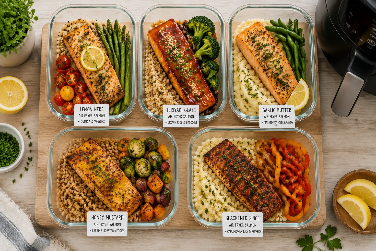 Overhead flat-lay food photography landscape () showing five distinct air fryer salmon meal prep bowls arranged in a grid on