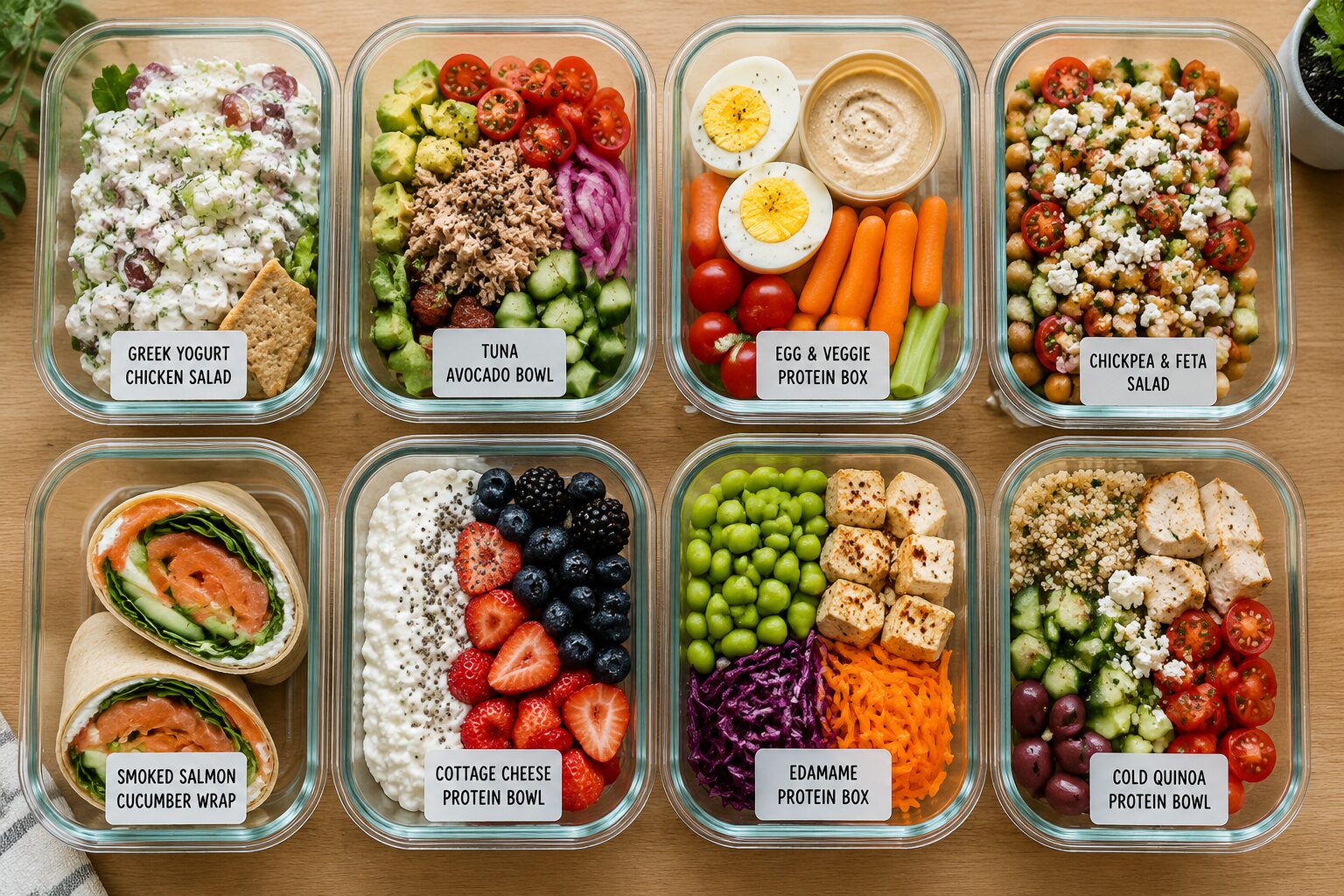 Overhead flat-lay landscape () of eight distinct high-protein cold lunch meal prep containers arranged in two rows on a