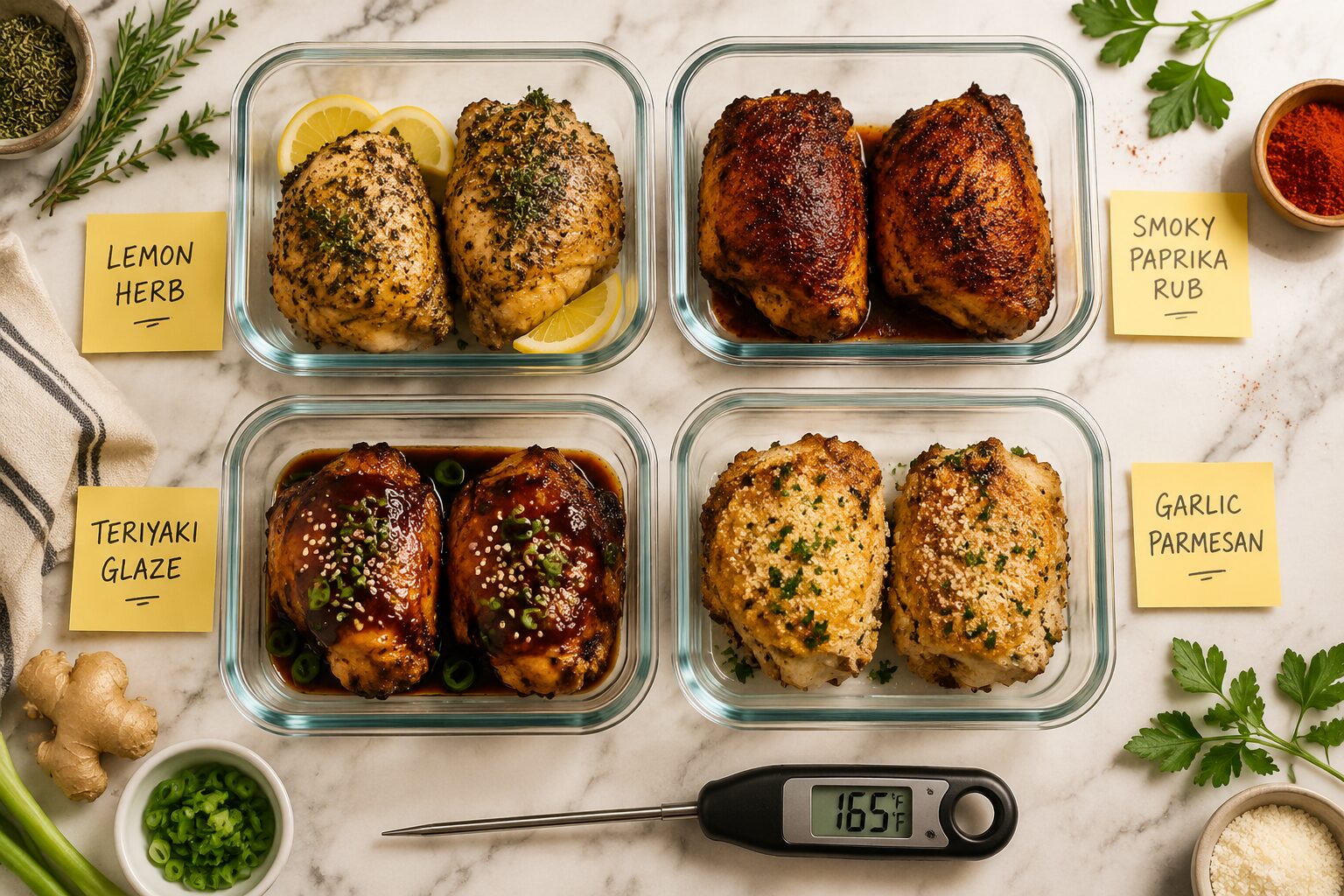 Overhead flat-lay landscape () of four glass meal prep containers each holding a different style of air fryer chicken thigh: