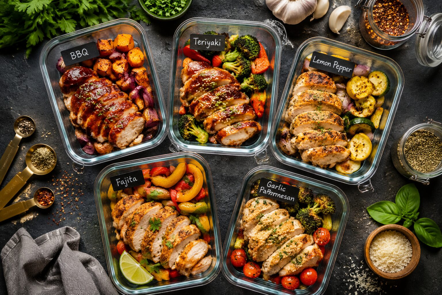 Overhead flat-lay landscape showing five open glass meal prep bowls arranged in a fan pattern on a dark slate surface