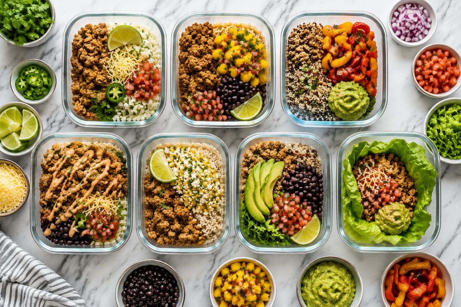 7 Ground Turkey Burrito Bowl Meal Prep Ideas on a Budget 2 Overhead flat lay landscape () showing seven open glass meal prep containers on a white marble countertop, each filled with