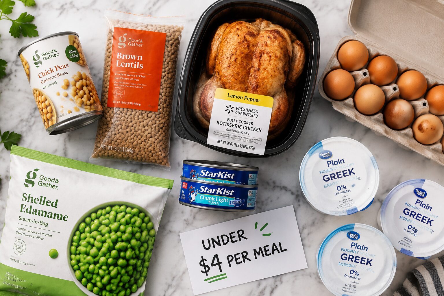 Overhead flat-lay showing a grocery store haul of budget high-protein foods: canned chickpeas, dried lentils, a whole chicken
