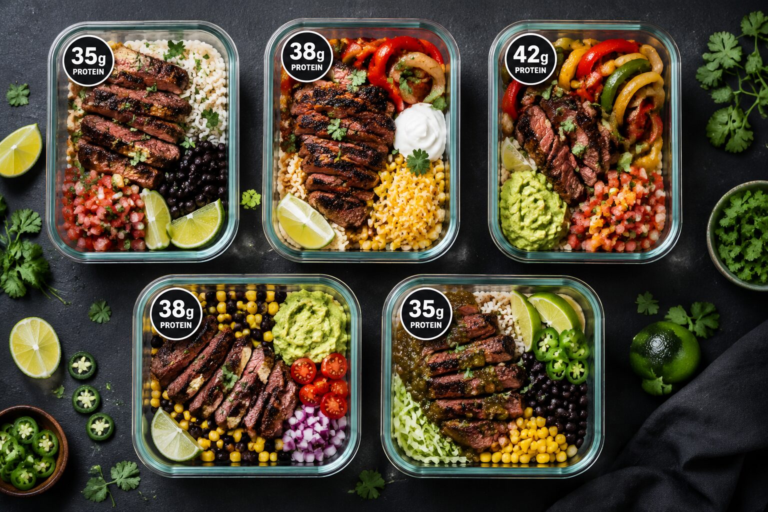 Overhead flat-lay () showing five open meal prep containers on a dark slate surface, each with distinct steak burrito bowl