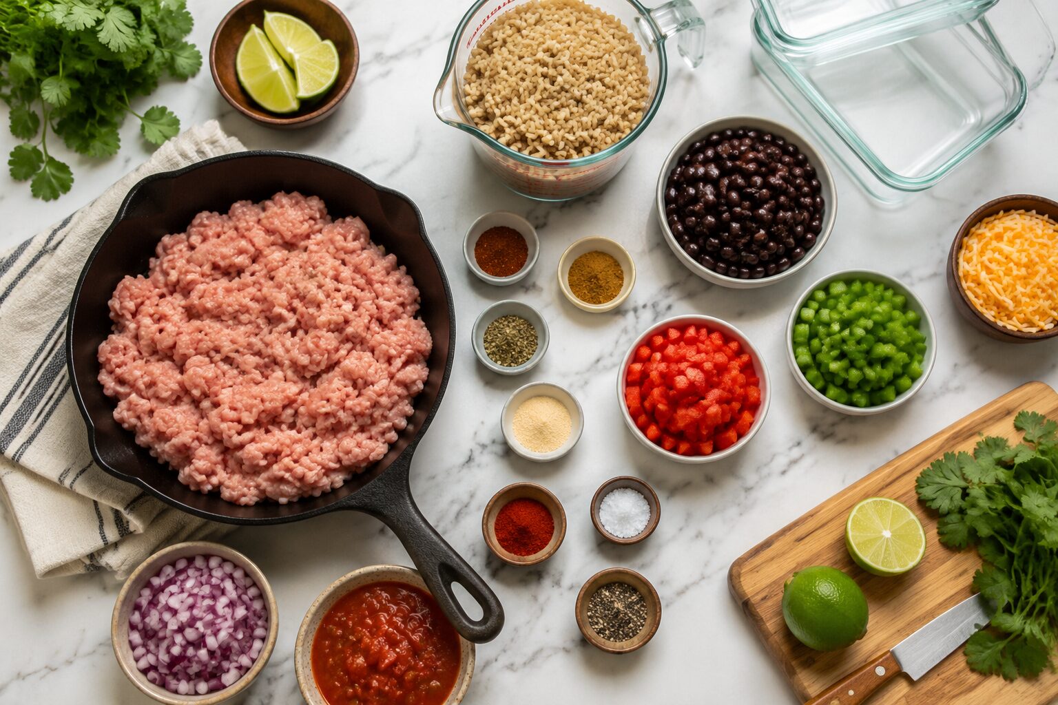 Overhead flat-lay () showing ingredients for turkey taco meal prep bowls spread across a white marble countertop: raw ground