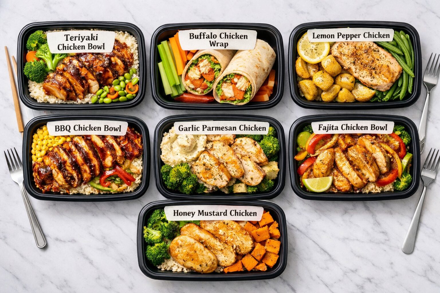 7 Air Fryer Frozen Chicken Breast Meals (No Thawing, 18 Minutes) 2 Overhead flat-lay () showing seven distinct meal prep containers arranged in a grid on a white marble surface, each filled