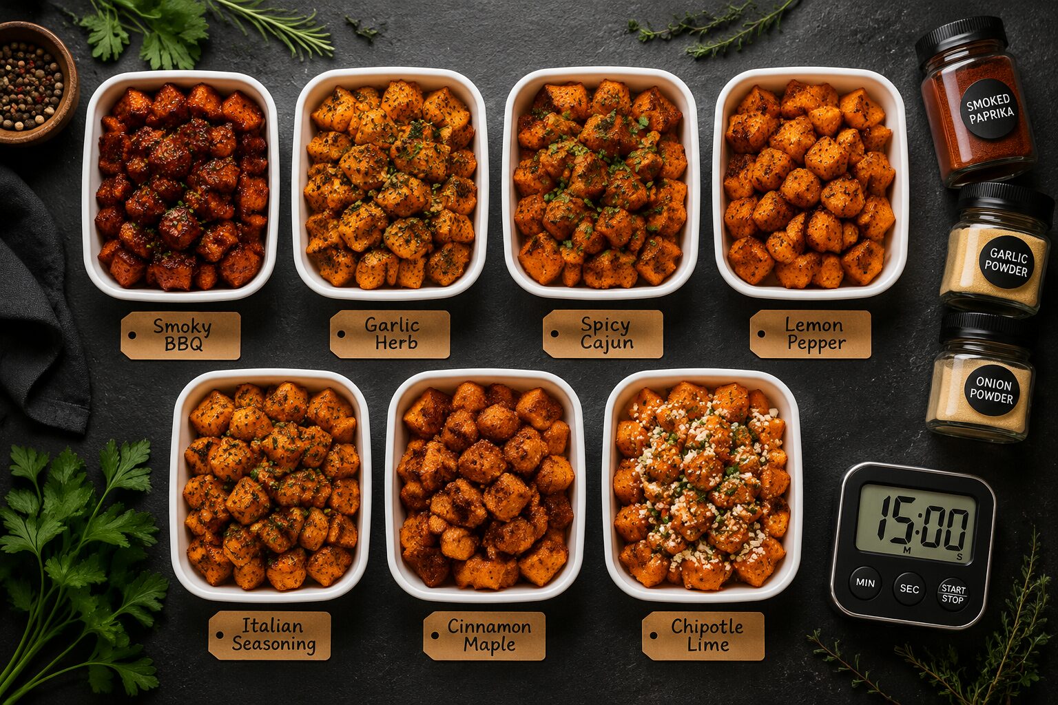 7 Air Fryer Sweet Potato Cubes Meal Prep Ideas Ready in 15 Minutes 2 Overhead flat-lay () showing seven small white meal prep containers each filled with differently seasoned air fryer sweet