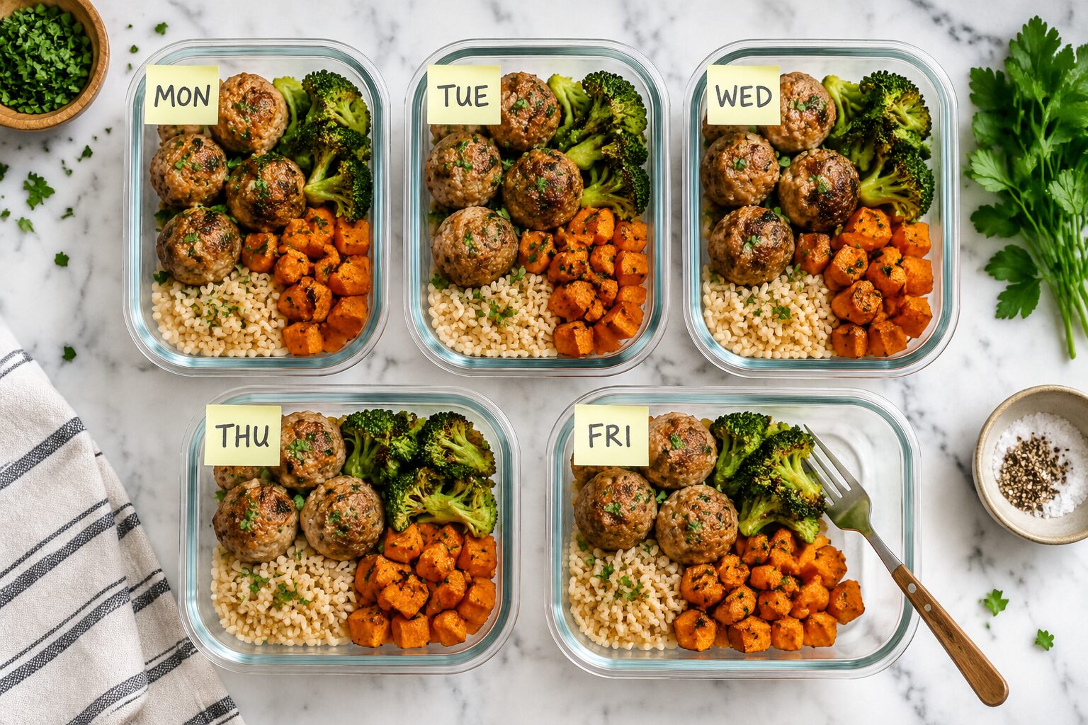 Overhead shot of five glass meal prep containers arranged in a grid, each filled with 3-4 cooked air fryer turkey meatballs