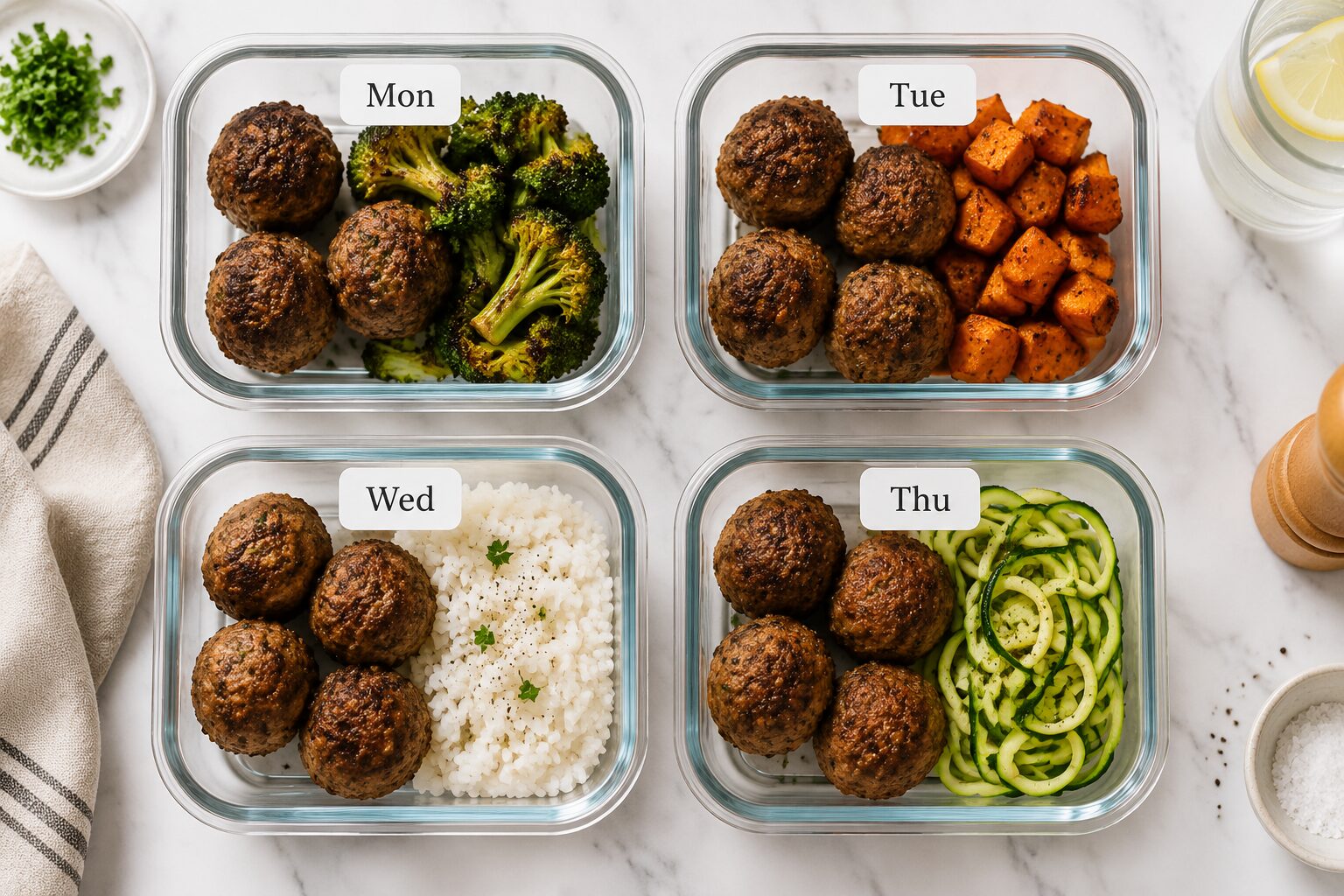 Overhead shot of four glass meal prep containers arranged in a 2x2 grid, each filled with 3-4 air fryer ground beef