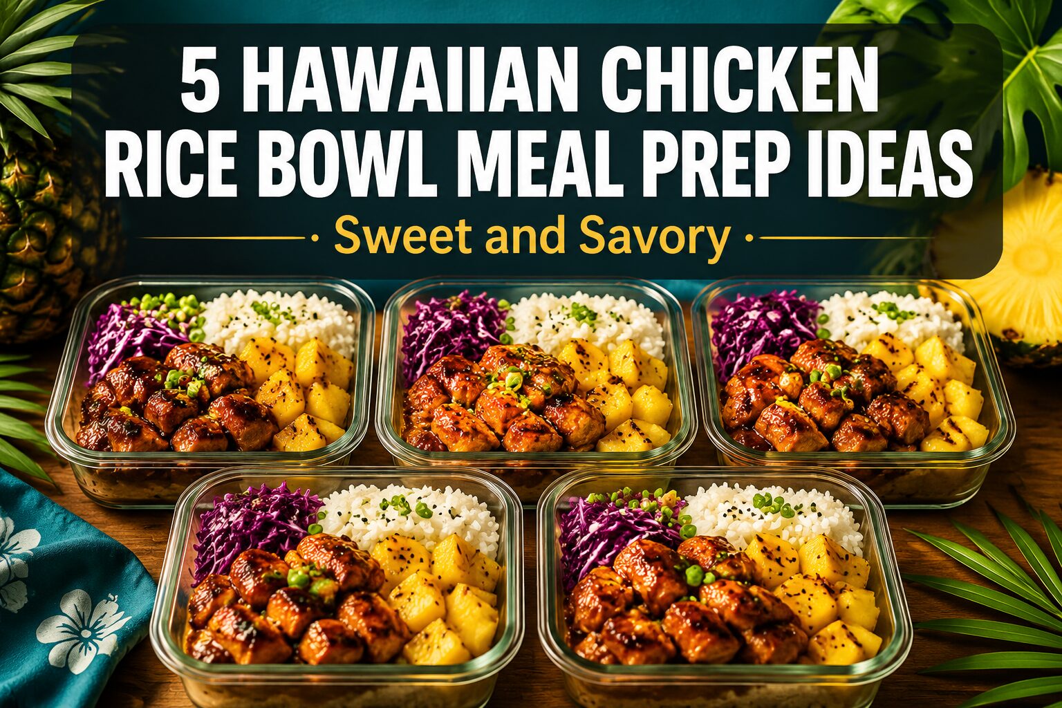 Professional () hero image featuring '5 Hawaiian Chicken Rice Bowl Meal Prep Ideas' in extra large white with dark