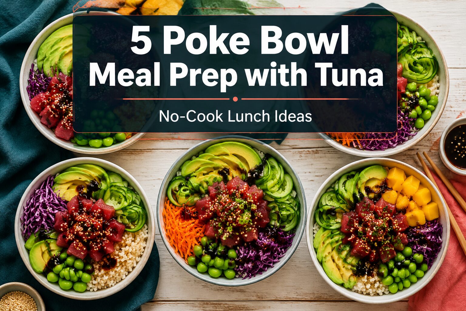 5 Poke Bowl Meal Prep with Tuna (No-Cook Lunch Ideas) 2 Professional () hero image featuring '5 Poke Bowl Meal Prep with Tuna' in extra large white with dark semi-transparent box,