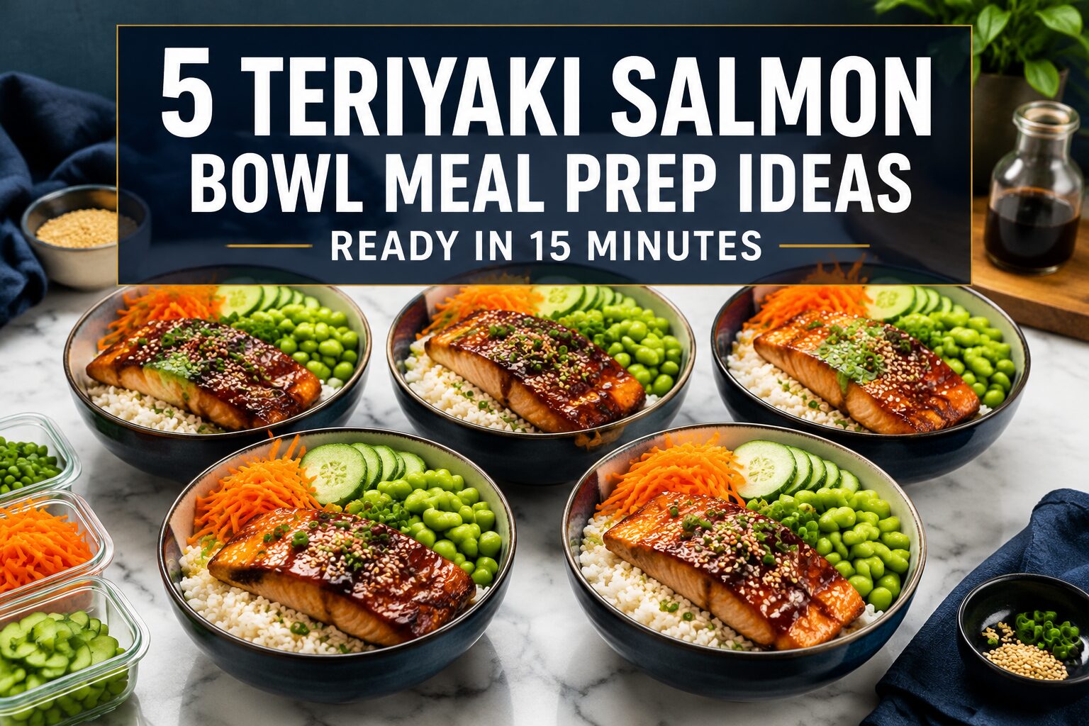 Teriyaki salmon bowls with rice in meal prep containers