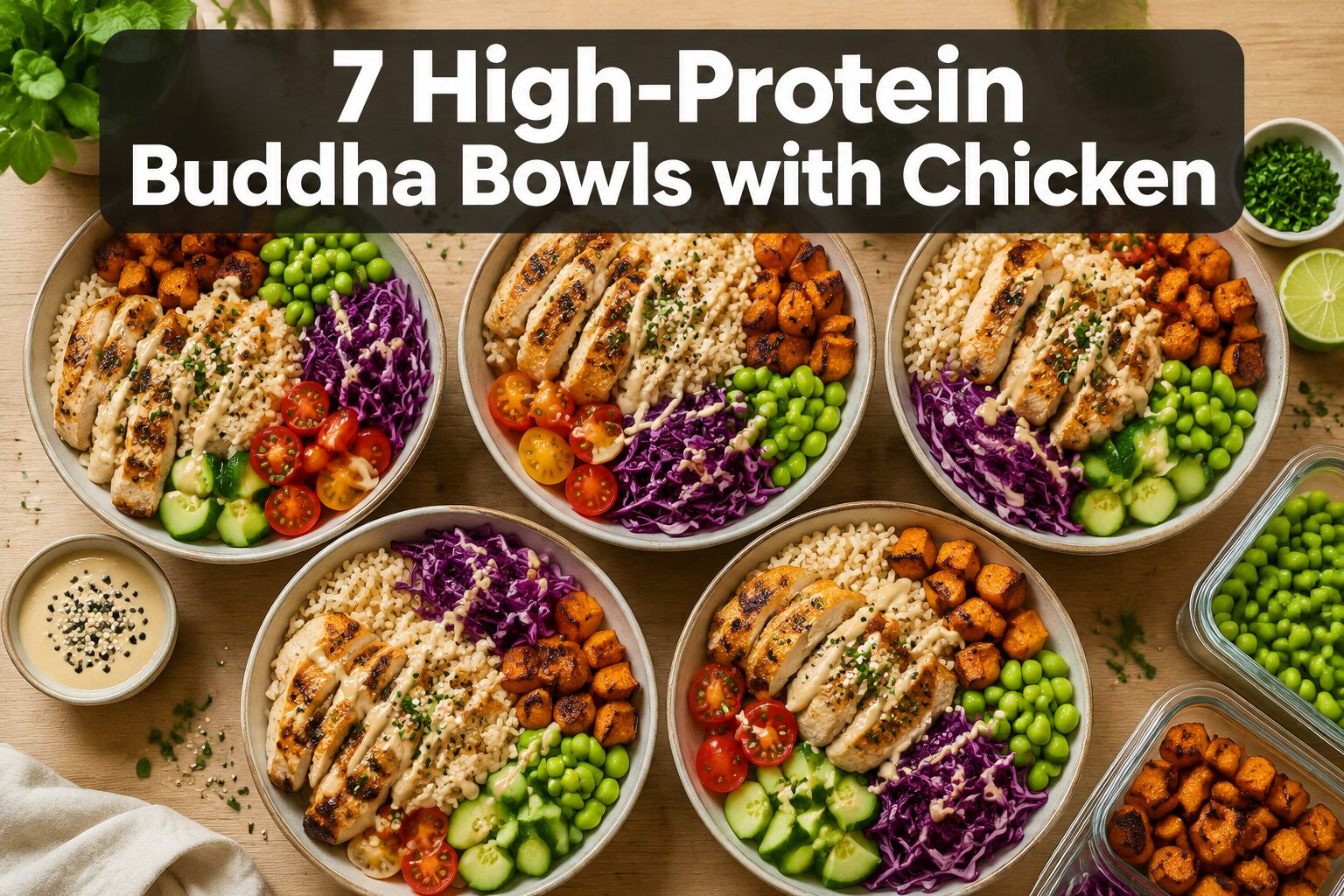 Professional () hero image featuring '7 High-Protein Buddha Bowls with Chicken' in extra large white with dark