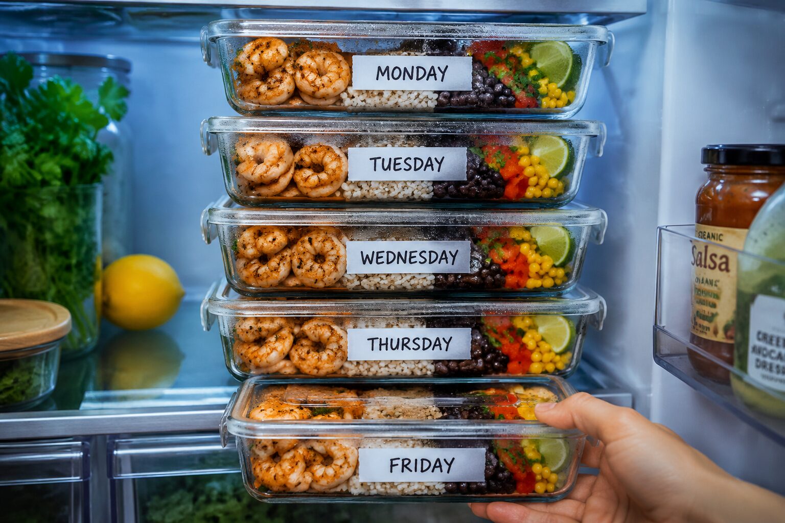 Refrigerator shelf view showing five neatly stacked glass meal prep containers filled with air fryer shrimp bowls, each