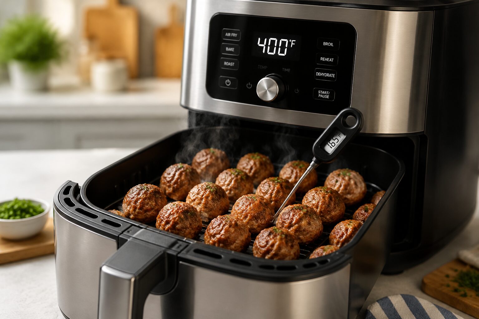 Side-angle shot of a digital air fryer with its basket pulled open revealing 15 evenly spaced golden-brown cooked ground
