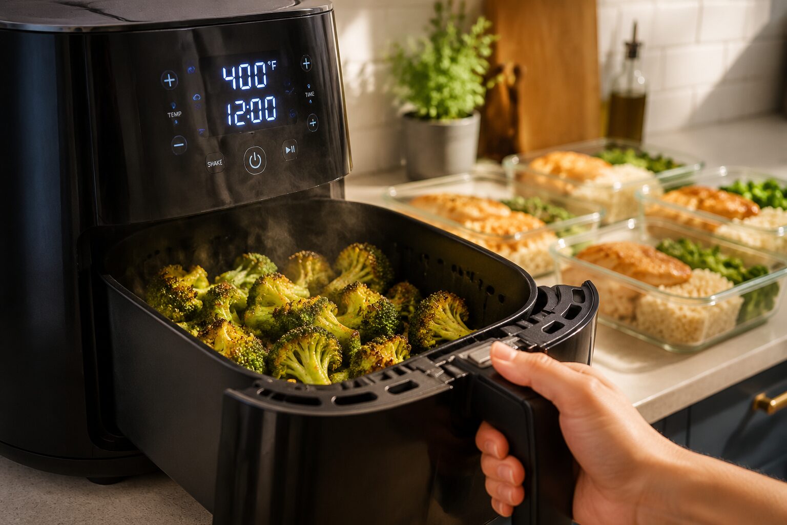 7 Best Air Fryer Vegetables for Meal Prep That Reheat Well 3 Side-angle shot of an open air fryer basket containing golden-brown broccoli florets mid-cook, steam rising, with a digital