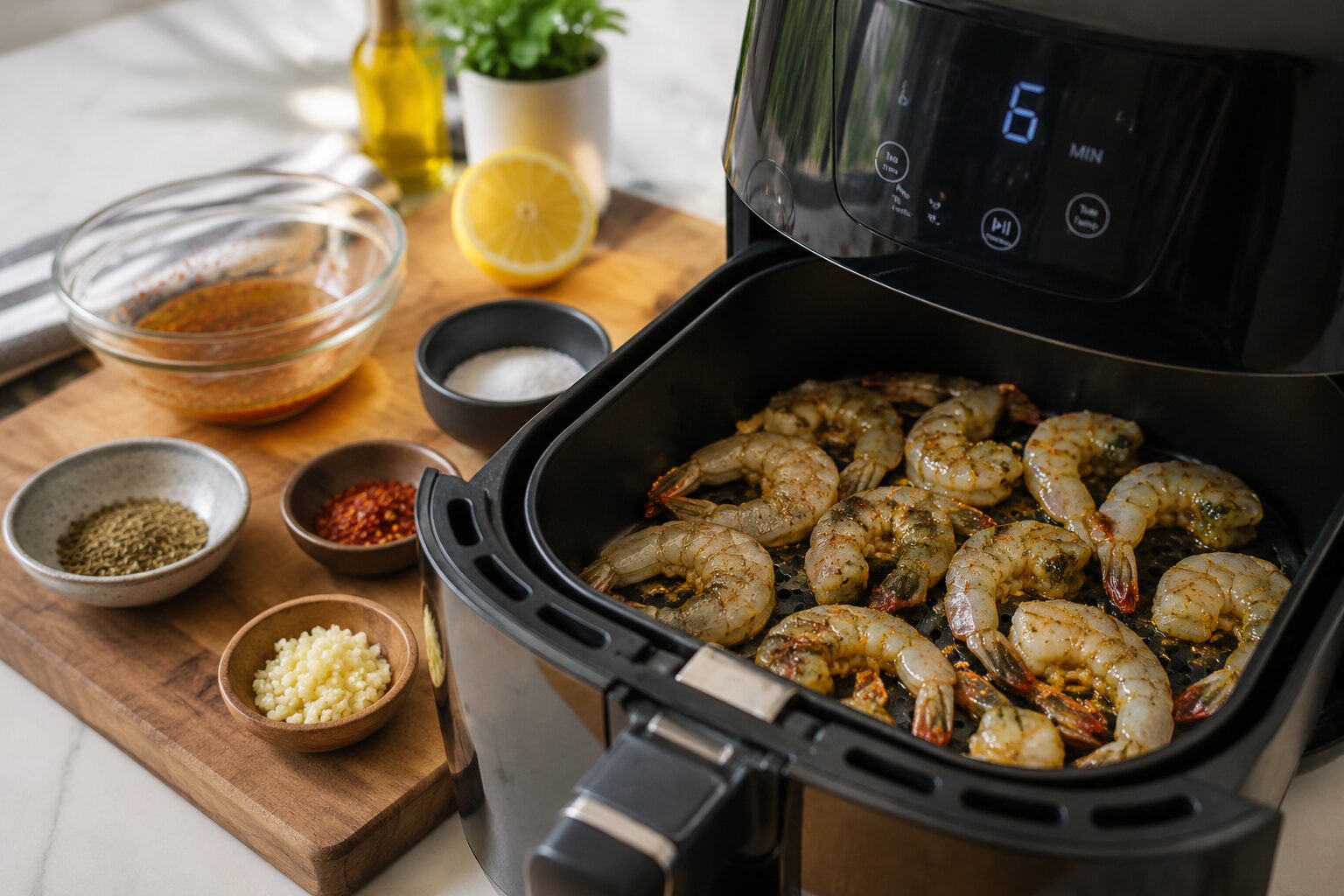 Side-angle shot of an open black air fryer basket filled with seasoned raw shrimp arranged in a single layer, a digital