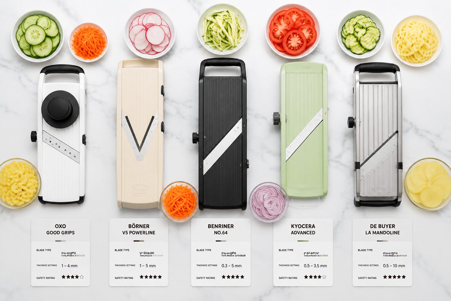 Side-by-side comparison flat lay of five mandoline slicers on a white marble surface, each labeled with a small card showing